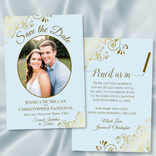 Elegante Goldcurls Oval Foto Powder Blue Wedding Save The Date (Front/Back)