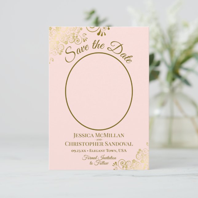Elegante Goldcurls Oval Foto Rosa Hochzeit Save The Date (Stehend Vorderseite)