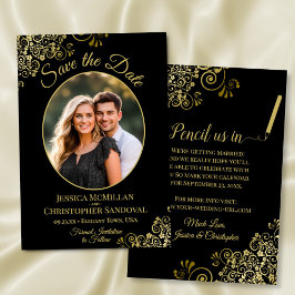 Elegante Goldcurls Oval Foto Schwarze Hochzeit Save The Date