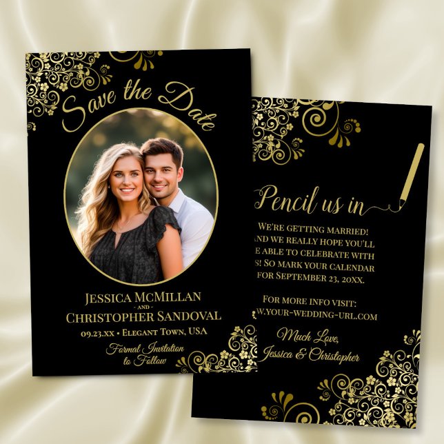 Elegante Goldcurls Oval Foto Schwarze Hochzeit Save The Date (Front/Back)