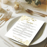 Elegante Goldcurls & Wirbel auf der White Wedding Menükarte<br><div class="desc">Dieses schöne Hochzeitsmenü ist einfach,  elegant,  raffiniert und stilvoll. Es zeichnet sich durch ein wunderschönes Design aus,  mit einer laksigen Goldskriptkalligraphie und zarten goldenen Gardinen und Wirbel in den Ecken. Die Rückseite ist eine schöne goldfarbene Marmorfarbe.</div>