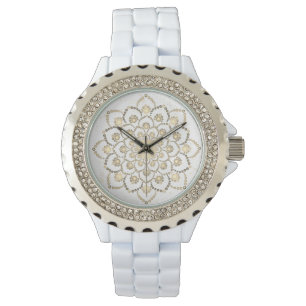Elegante Golden and White Dot Mandala Blume Armbanduhr
