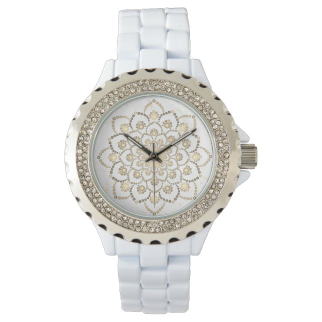 Elegante Golden and White Dot Mandala Blume Armbanduhr (Vorderseite)