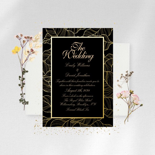 Elegante Golden Blätter Black Folieneinladung (Von Creator hochgeladen)