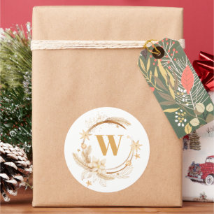 Elegante Golden Christmas Wreath Monogram Runder Aufkleber