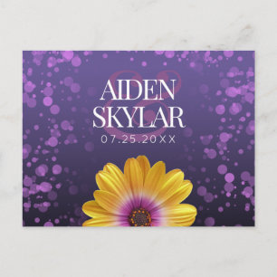 Elegante Golden Daisy mit Lila Glitzer Hochzeit Ankündigungspostkarte