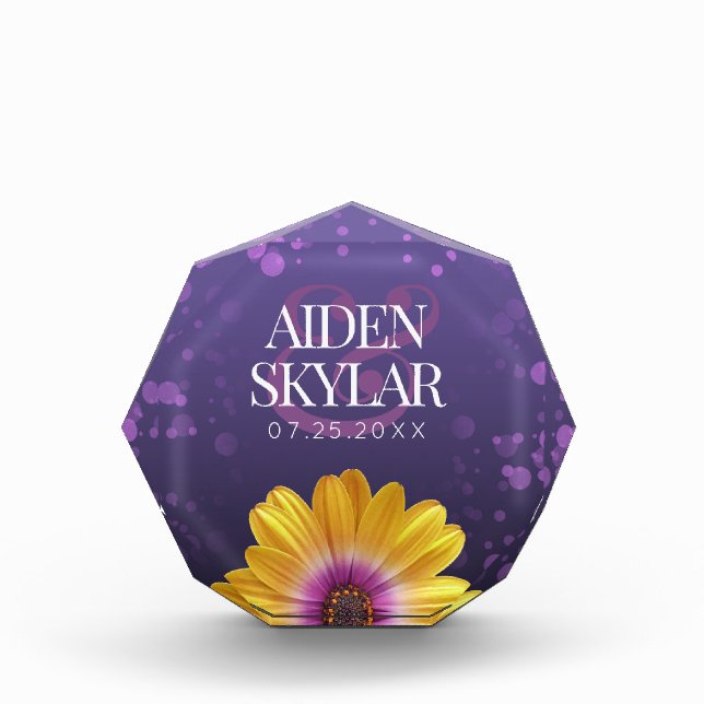 Elegante Golden Daisy mit Lila Glitzer Hochzeit Fotoblock (Vorderseite)