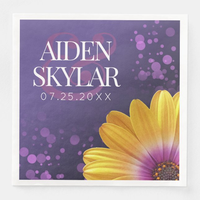 Elegante Golden Daisy mit Lila Glitzer Hochzeit Serviette (Vorderseite)