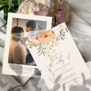 Elegante Golden Fall Blume Foto & QR Code Hochzeit Einladung