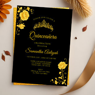 Elegante Golden Floral Black and Gold Quinceanera Einladung