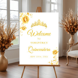Elegante Golden Floral Quinceñera Begrüßungszeiche Poster