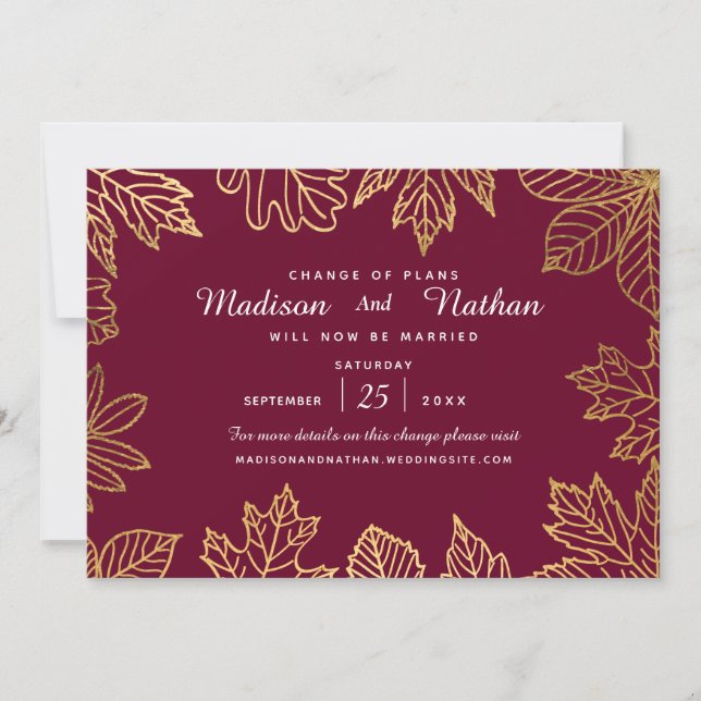 Elegante Golden Foil Herbst Blätter ändern das Dat Save The Date (Vorderseite)
