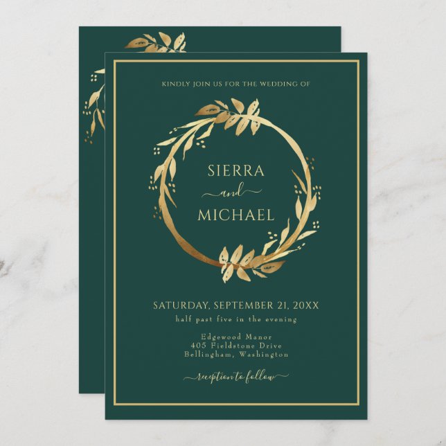 Elegante Golden Foliage Emerald Green Wedding Einladung (Vorne/Hinten)