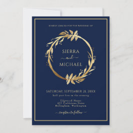 Elegante Golden Foliage Navy Blue Wedding Einladung