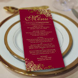 Elegante Golden Frills on Burgundy Wedding Menükarte<br><div class="desc">Dieses schöne Menü wird Ihrem Hochzeitsempfang etwas mehr Stil verleihen. Es zeichnet sich durch ein wunderschönes Design aus, mit verzierten goldenen Imitaten und Wirbel auf bordeauxrotem, maronfarbenem oder weinrotem Hintergrund. Es gibt Platz für die Namen des Paares und das Hochzeitstag, und der Text ist vollständig anpassbar. Elegant, elegant und glänzend,...</div>