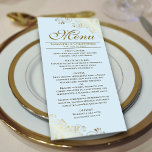 Elegante Golden Frills on Light Powder Blue Weddin Menükarte<br><div class="desc">Dieses schöne Menü wird Ihrem Hochzeitsempfang etwas mehr Stil verleihen. Es zeichnet sich durch ein wunderschönes Design mit verzierten goldenen Imitate-Folienrollen und Wirbel auf einem blass pulverblauen Hintergrund aus. Es gibt Platz für die Namen des Paares und das Hochzeitstag, und der Text ist vollständig anpassbar. Dieses Menü ist elegant, stilvoll...</div>