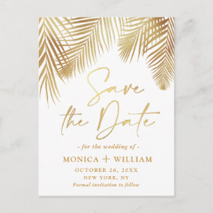 Elegante Golden Palm Branch Wedding Save the Date Ankündigungspostkarte