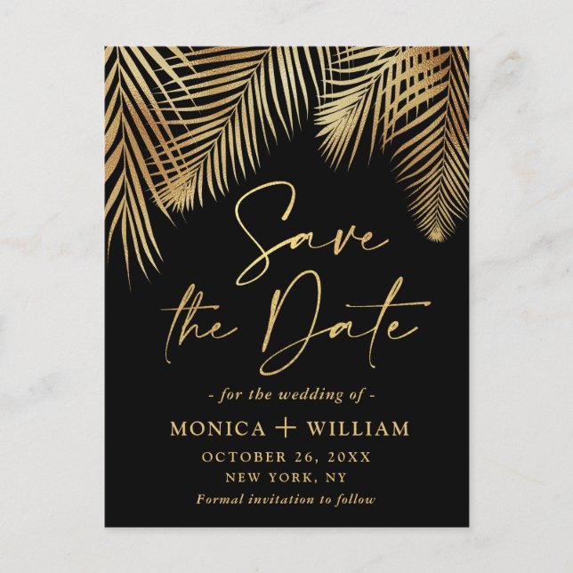 Elegante Golden Palm Branch Wedding Save the Date Postkarte (Vorderseite)