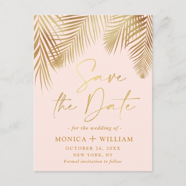 Elegante Golden Palm Branch Wedding Save the Date Postkarte (Vorderseite)