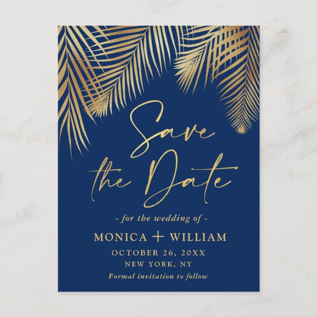 Elegante Golden Palm Branch Wedding Save the Date Postkarte (Vorderseite)