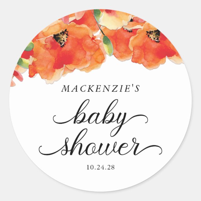Elegante Golden Poppy Baby Dusche Runder Aufkleber (Vorderseite)