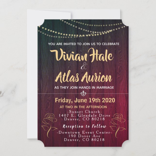 Elegante Golden Rose Rot und Schwarz Hochzeit Einl Einladung (Vorderseite)