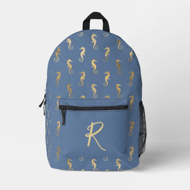 Elegante Golden Seepferde auf Blauem Personalisier Bedruckter Rucksack (Vorderseite)