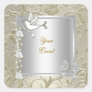 Elegante Golden Silver White Dove Damask für jedes Quadratischer Aufkleber