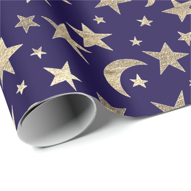 Elegante Golden Stars Moon Blue Navy Champaigne Geschenkpapier (Rolleneckpunkt)