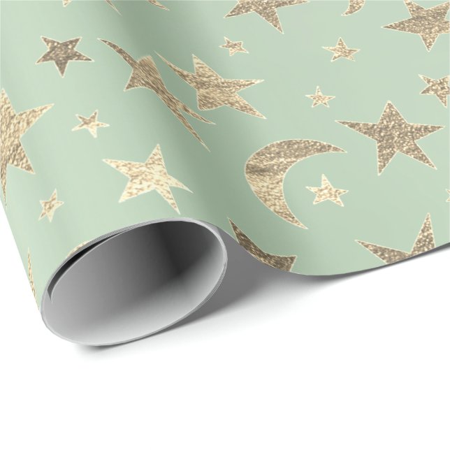 Elegante Golden Stars Moon Mint Grüne Champaigne Geschenkpapier (Rolleneckpunkt)