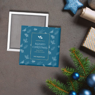 Elegante Golden Winter Blätter Blauer Weihnachten Magnet