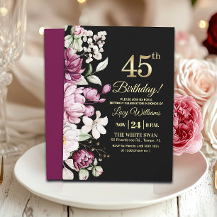 Elegante goldene 45 Geburtstagseinladung mit Blume Einladung