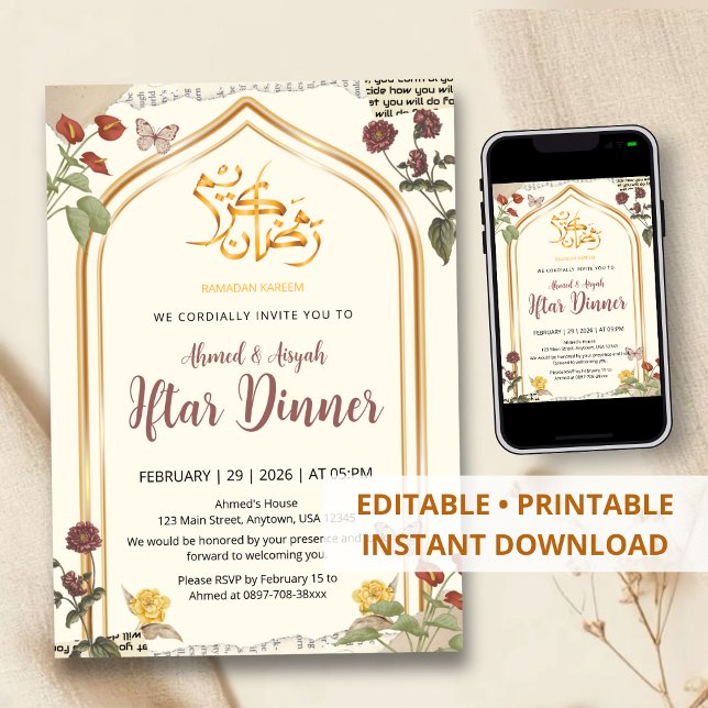 Elegante Goldene Architektur Blumen-Ramadan-Iftar- Einladung (Von Creator hochgeladen)