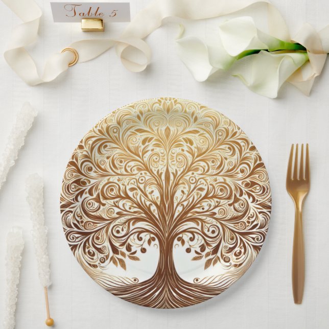 Elegante Goldene Baum-des-Lebens-Feier Pappteller (Hochzeit)