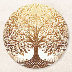 Elegante Goldene Baum des Lebens Namaste-Feier Runder Pappuntersetzer