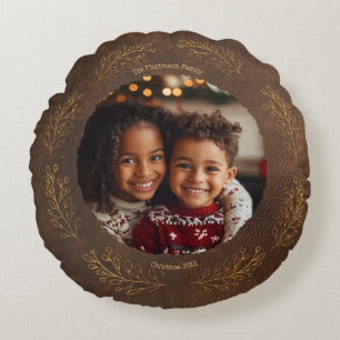 Elegante goldene Blätter Familienfoto Weihnachten Rundes Kissen