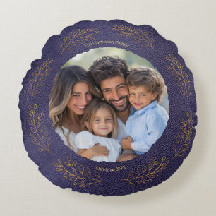 Elegante goldene Blätter Familienfoto Weihnachten Rundes Kissen