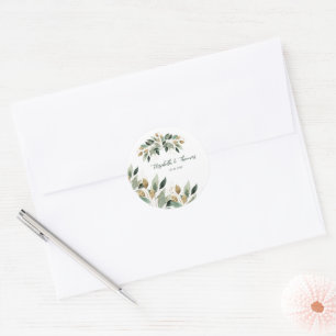 Elegante Goldene Blätter Hochzeit Runder Aufkleber