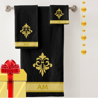 Elegante goldene Blume, Monogramm und Streifen auf Badhandtuch Set