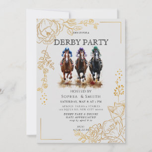 Elegante goldene Blumen- & Dreifach-Pferd-Derby-Pa Einladung