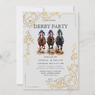 Elegante goldene Blumen- & Dreifach-Pferd-Derby-Pa Einladung