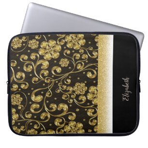 Elegante Goldene Blumen,Glitter,Schwarz-Personalis Laptopschutzhülle
