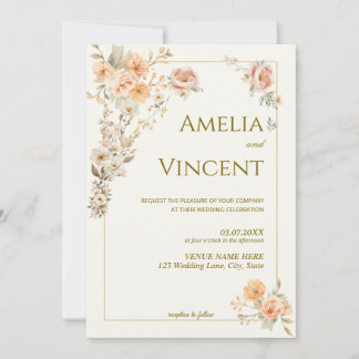 Elegante Goldene Blumen-Hochzeitseinladungsvorlage Einladung