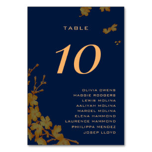 Elegante goldene Blumen Navyblaue Gastnamen Tischnummer
