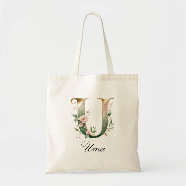 Elegante goldene Blumeninitiale U-Tasche Tragetasche (Vorne)