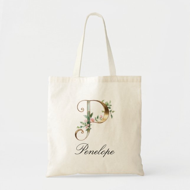 Elegante goldene Blumeninitialen P Monogramm-Tasch Tragetasche (Vorne)