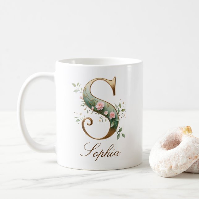Elegante Goldene Blumenschrift S Monogramm Tasse (Mit Donut)