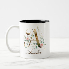 Elegante Goldene Blumige Buchstabe A Monogramm Zwe Zweifarbige Tasse