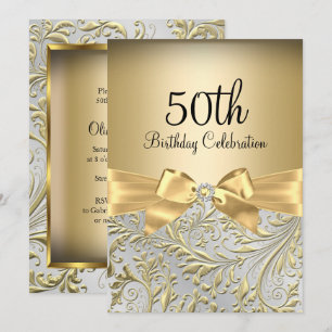 Elegante Goldene Bogen Blumenwirbel 50. Geburtstag Einladung