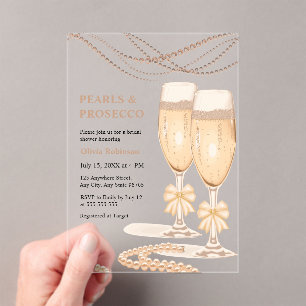Elegante Goldene Bogen Perlen und Prosecco Brautpa Acryleinladungen